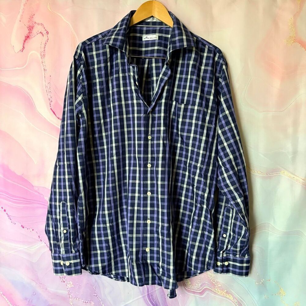 Peter Millar XL Cotton Silk Purple Navy Blue Plaid Button Up Shirt Luxury Preppy